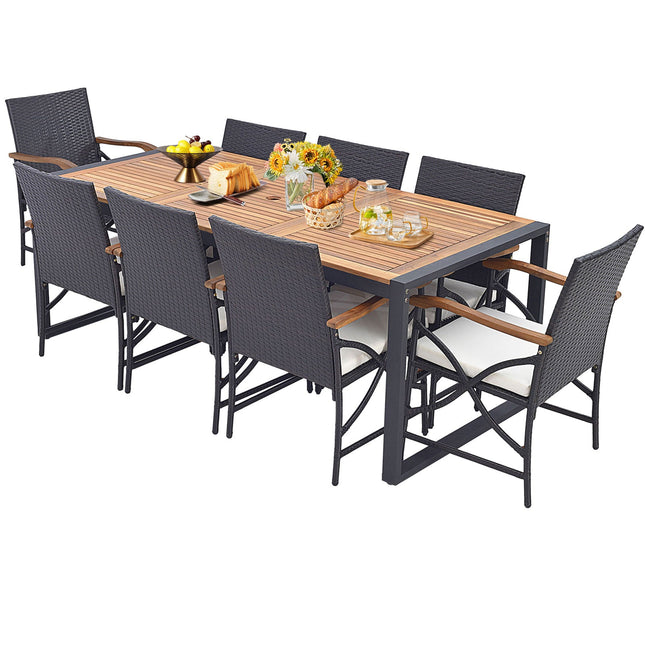 9 Pieces Patio Rattan Dining Set with Acacia Wood Table for Backyard Garden - X - side Handrail - Patio Furniture | Patioza