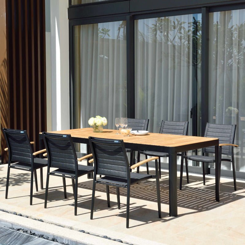 Portals Dark Lite FSC Teak Wood and Aluminum Rectangular Dining Set - | Patioza