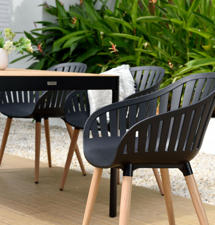 Portals Dark Rectangular Teak Table and 8 Nassau Black Dining Set