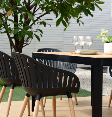 Portals Dark Rectangular Teak Table and 8 Nassau Black Dining Set