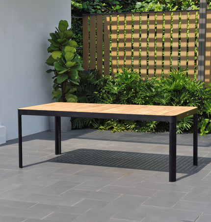 Portals Dark Rectangular Teak Table and 8 Nassau Black Dining Set