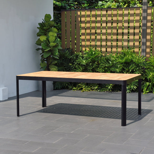 Portals Dark Rectangular Teak Table and 8 Nassau Black Dining Set