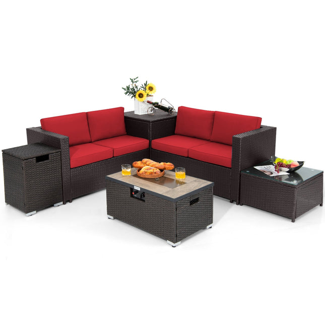 6 Pieces Outdoor Wicker Furniture Set with 32 Inch Propane Fire Pit Table - | Patioza