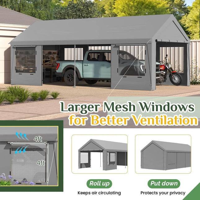 Heavy Duty Carport 12'x24' | Roll-Up Windows & Removable Sidewalls - | Patioza