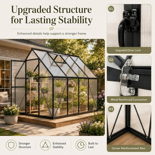 6x8 FT Aluminum Polycarbonate Greenhouse | Walk-In with Locking Door - | Patioza