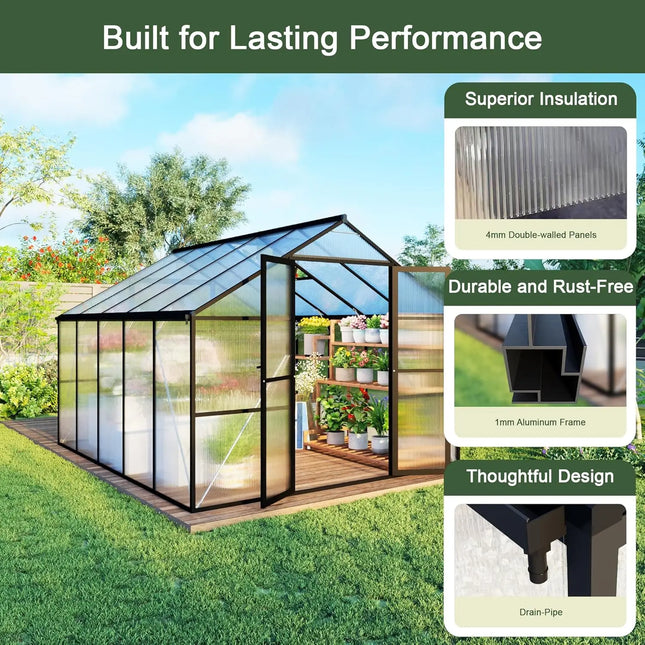 8x10 FT Aluminum Frame Polycarbonate Greenhouse | Walk-In - | Patioza