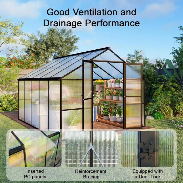 8x10 FT Aluminum Frame Polycarbonate Greenhouse | Walk-In - | Patioza