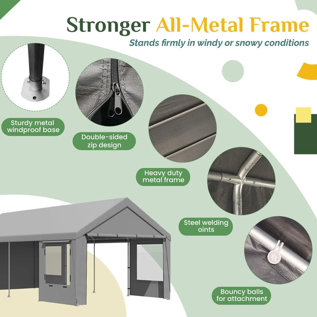 Heavy Duty Carport 12'x24' | Roll-Up Windows & Removable Sidewalls - | Patioza