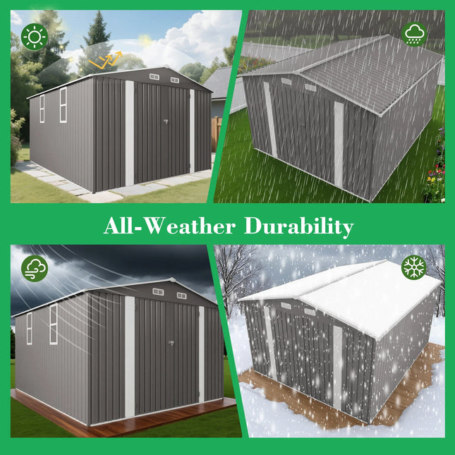 10x12 FT Metal Outdoor Storage Shed | Double Door, Two Windows - | Patioza