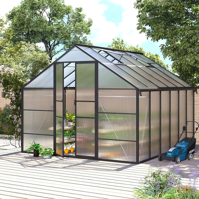 10x12 FT Aluminum Polycarbonate Greenhouse with Roof Vent | Walk-In - | Patioza