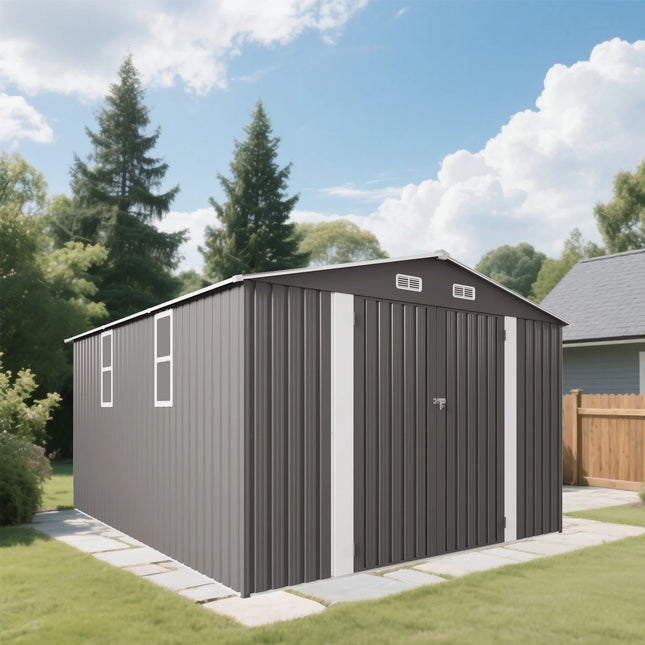 10x12 FT Metal Outdoor Storage Shed | Double Door, Two Windows - | Patioza