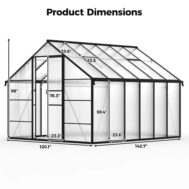 10x12 FT Aluminum Polycarbonate Greenhouse with Roof Vent | Walk-In - | Patioza