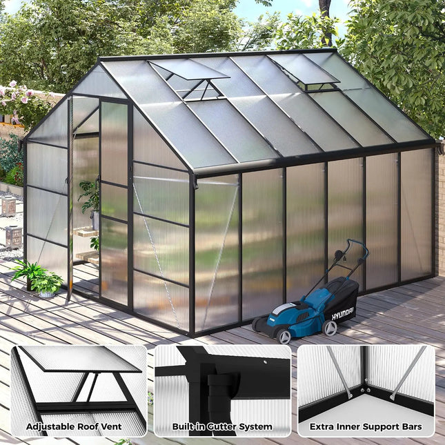 10x12 FT Aluminum Polycarbonate Greenhouse with Roof Vent | Walk-In - | Patioza