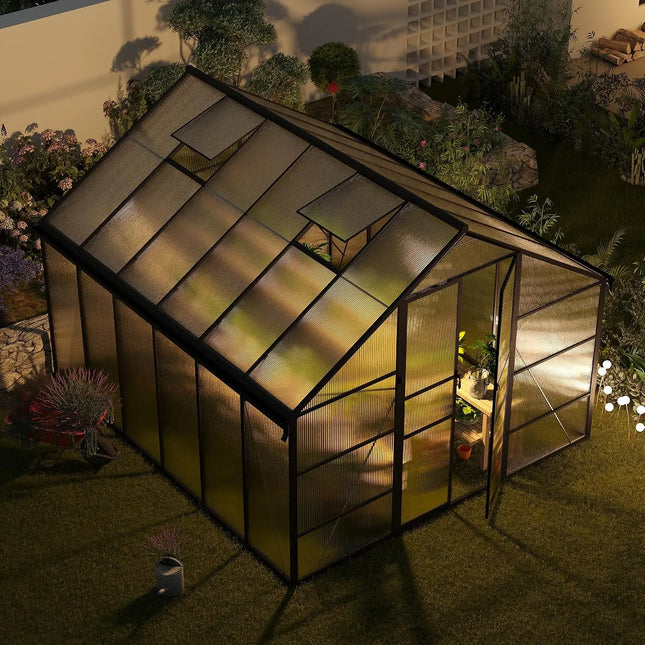 10x12 FT Aluminum Polycarbonate Greenhouse with Roof Vent | Walk-In - | Patioza