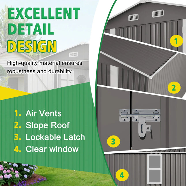 10x12 FT Metal Outdoor Storage Shed | Double Door, Two Windows - | Patioza