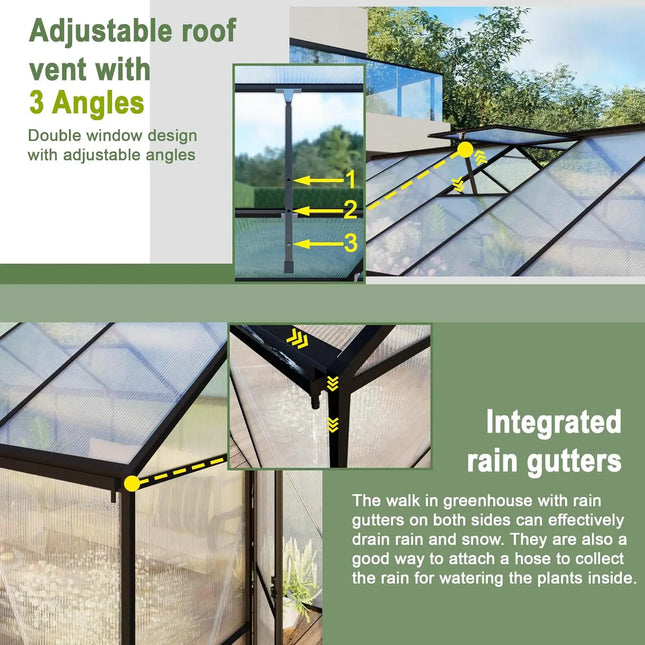 8x10 FT Aluminum Frame Polycarbonate Greenhouse | Walk-In - | Patioza