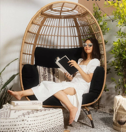 Oversized Patio Lounger Indoor/Outdoor Wicker Egg Chair Black - Patio Furniture | Patioza