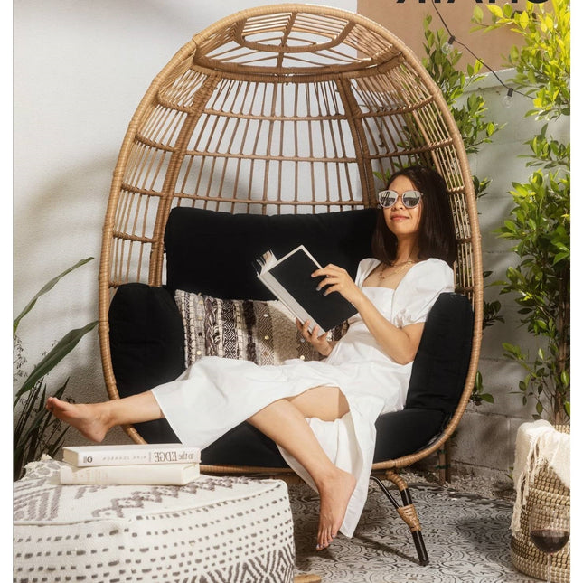 Oversized Patio Lounger Indoor/Outdoor Wicker Egg Chair Black - Patio Furniture | Patioza