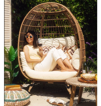 Oversized Patio Lounger Indoor/Outdoor Wicker Egg Chair Off White - Patio Furniture | Patioza