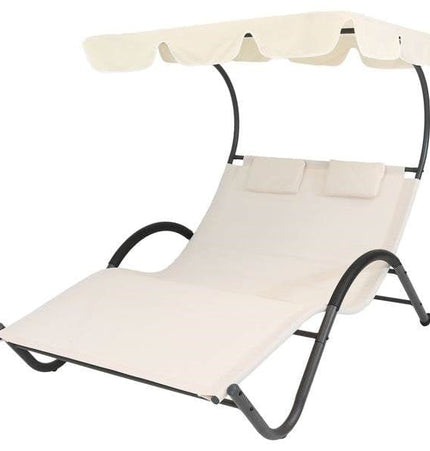 2 Person Off White Outdoor Patio Chaise Lounger Chair Canopy Bed with Pillows - Patio Furniture | Patioza