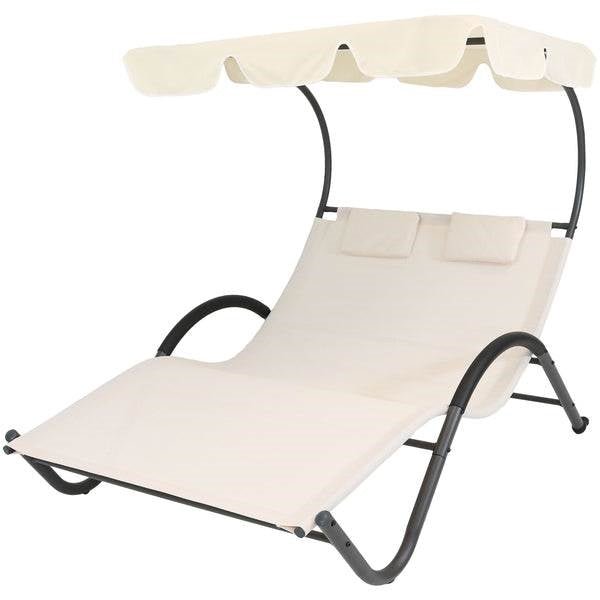 2 Person Off White Outdoor Patio Chaise Lounger Chair Canopy Bed with Pillows - Patio Furniture | Patioza