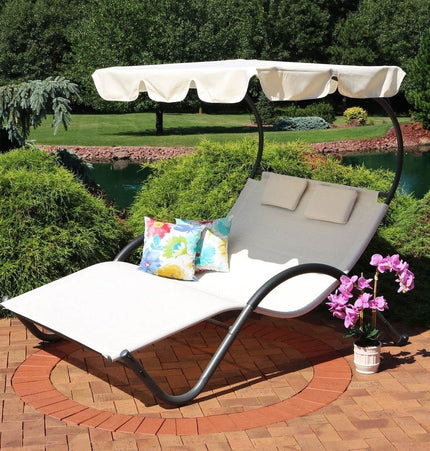 2 Person Off White Outdoor Patio Chaise Lounger Chair Canopy Bed with Pillows - Patio Furniture | Patioza