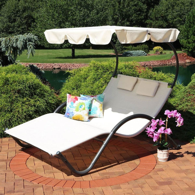 2 Person Off White Outdoor Patio Chaise Lounger Chair Canopy Bed with Pillows - Patio Furniture | Patioza