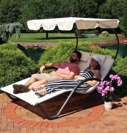 2 Person Off White Outdoor Patio Chaise Lounger Chair Canopy Bed with Pillows - Patio Furniture | Patioza