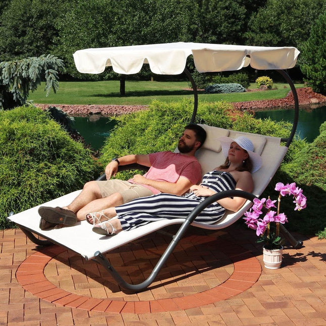 2 Person Off White Outdoor Patio Chaise Lounger Chair Canopy Bed with Pillows - Patio Furniture | Patioza