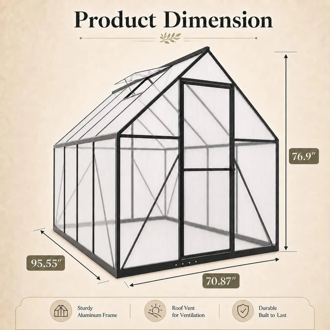 6x8 FT Aluminum Polycarbonate Greenhouse | Walk-In with Locking Door - | Patioza