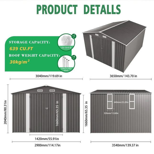 10x12 FT Metal Outdoor Storage Shed | Double Door, Two Windows - | Patioza