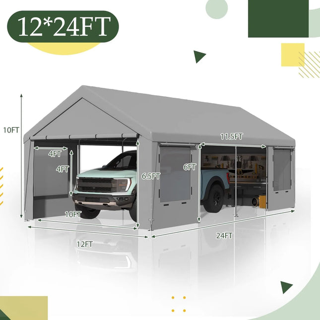 Heavy Duty Carport 12'x24' | Roll-Up Windows & Removable Sidewalls - | Patioza
