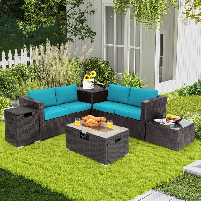 6 Pieces Outdoor Wicker Furniture Set with 32 Inch Propane Fire Pit Table - Turquoise - Fire Pits | Patioza