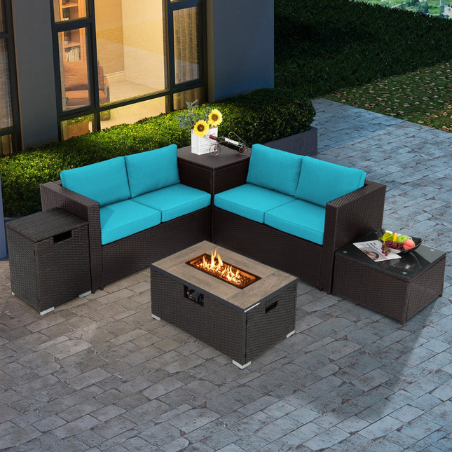 6 Pieces Outdoor Wicker Furniture Set with 32 Inch Propane Fire Pit Table - Turquoise - Fire Pits | Patioza