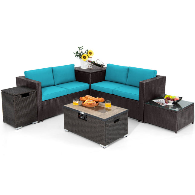 6 Pieces Outdoor Wicker Furniture Set with 32 Inch Propane Fire Pit Table - Turquoise - Fire Pits | Patioza