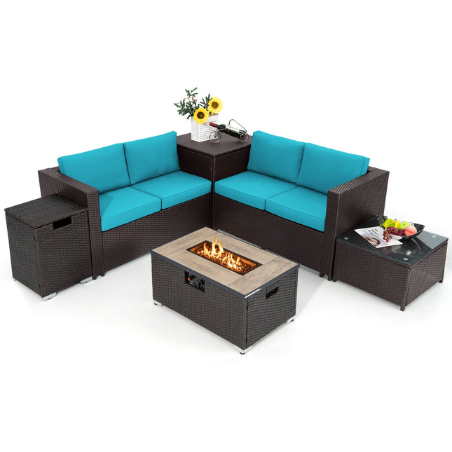 6 Pieces Outdoor Wicker Furniture Set with 32 Inch Propane Fire Pit Table - Turquoise - Fire Pits | Patioza