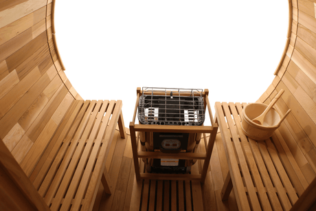 Blisspod, Prague, Canadian Red Cedar Outdoor Steam Barell Sauna, 2 - 4 / 4 - 6 persons with Full Glass Back & 2 front Porch seats - Saunas | Patioza