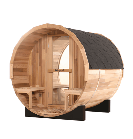Blisspod, Prague, Canadian Red Cedar Outdoor Steam Barell Sauna, 2 - 4 / 4 - 6 persons with Full Glass Back & 2 front Porch seats - Saunas | Patioza