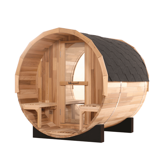 Blisspod, Prague, Canadian Red Cedar Outdoor Steam Barell Sauna, 2 - 4 / 4 - 6 persons with Full Glass Back & 2 front Porch seats - Saunas | Patioza