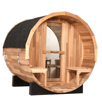 Blisspod, Prague, Canadian Red Cedar Outdoor Steam Barell Sauna, 2 - 4 / 4 - 6 persons with Full Glass Back & 2 front Porch seats - Saunas | Patioza