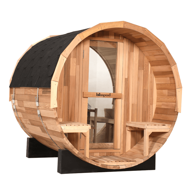 Blisspod, Prague, Canadian Red Cedar Outdoor Steam Barell Sauna, 2 - 4 / 4 - 6 persons with Full Glass Back & 2 front Porch seats - Saunas | Patioza