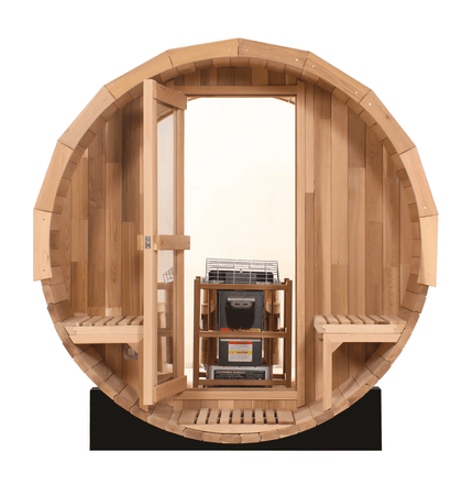 Blisspod, Prague, Canadian Red Cedar Outdoor Steam Barell Sauna, 2 - 4 / 4 - 6 persons with Full Glass Back & 2 front Porch seats - Saunas | Patioza