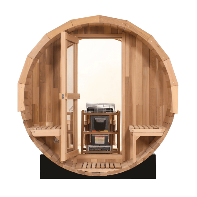 Blisspod, Prague, Canadian Red Cedar Outdoor Steam Barell Sauna, 2 - 4 / 4 - 6 persons with Full Glass Back & 2 front Porch seats - Saunas | Patioza