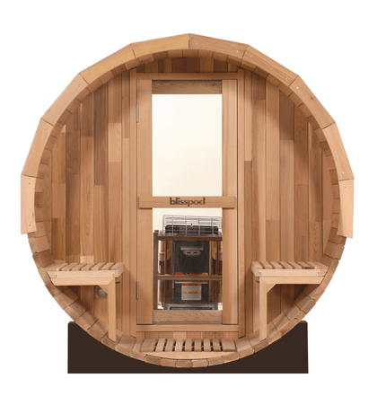 Blisspod, Prague, Canadian Red Cedar Outdoor Steam Barell Sauna, 2 - 4 / 4 - 6 persons with Full Glass Back & 2 front Porch seats - Saunas | Patioza