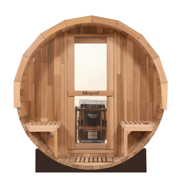 Blisspod, Prague, Canadian Red Cedar Outdoor Steam Barell Sauna, 2 - 4 / 4 - 6 persons with Full Glass Back & 2 front Porch seats - Saunas | Patioza