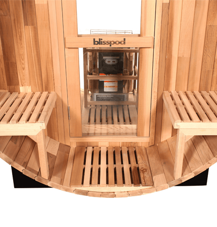Blisspod, Prague, Canadian Red Cedar Outdoor Steam Barell Sauna, 2 - 4 / 4 - 6 persons with Full Glass Back & 2 front Porch seats - Saunas | Patioza