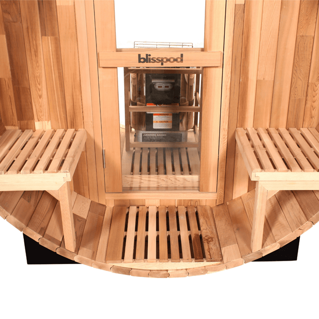 Blisspod, Prague, Canadian Red Cedar Outdoor Steam Barell Sauna, 2 - 4 / 4 - 6 persons with Full Glass Back & 2 front Porch seats - Saunas | Patioza