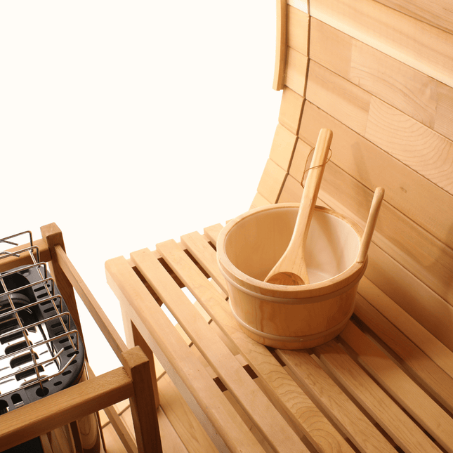 Blisspod, Prague, Canadian Red Cedar Outdoor Steam Barell Sauna, 2 - 4 / 4 - 6 persons with Full Glass Back & 2 front Porch seats - Saunas | Patioza
