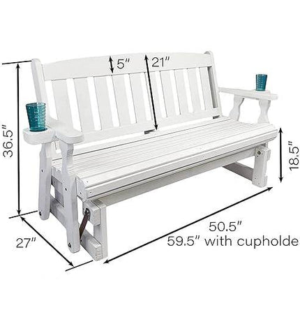 4ft Heavy Duty Amish Porch Glider Bench in White with Cupholders - Made in USA - Patio Furniture | Patioza