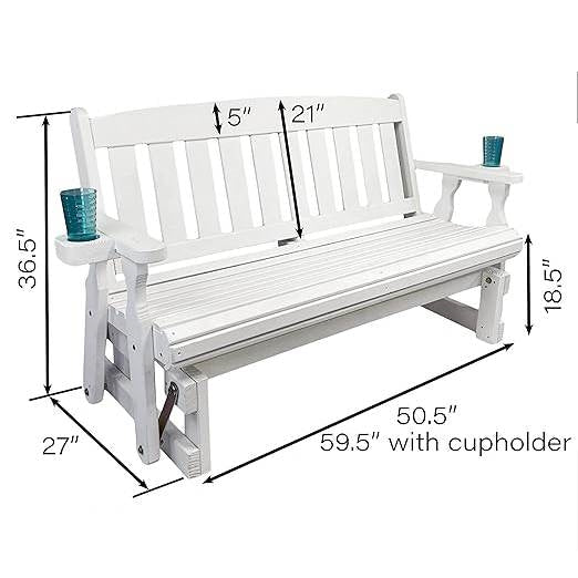 4ft Heavy Duty Amish Porch Glider Bench in White with Cupholders - Made in USA - Patio Furniture | Patioza